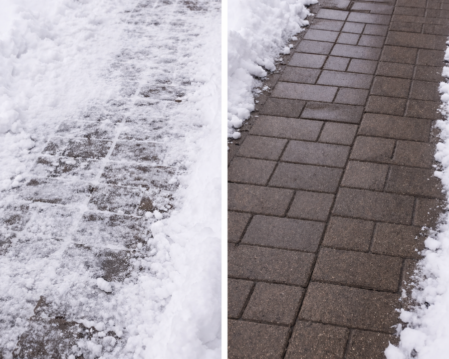 Vorher-Nachher-Vergleich eines vereisten und freigeräumten Gehwegs