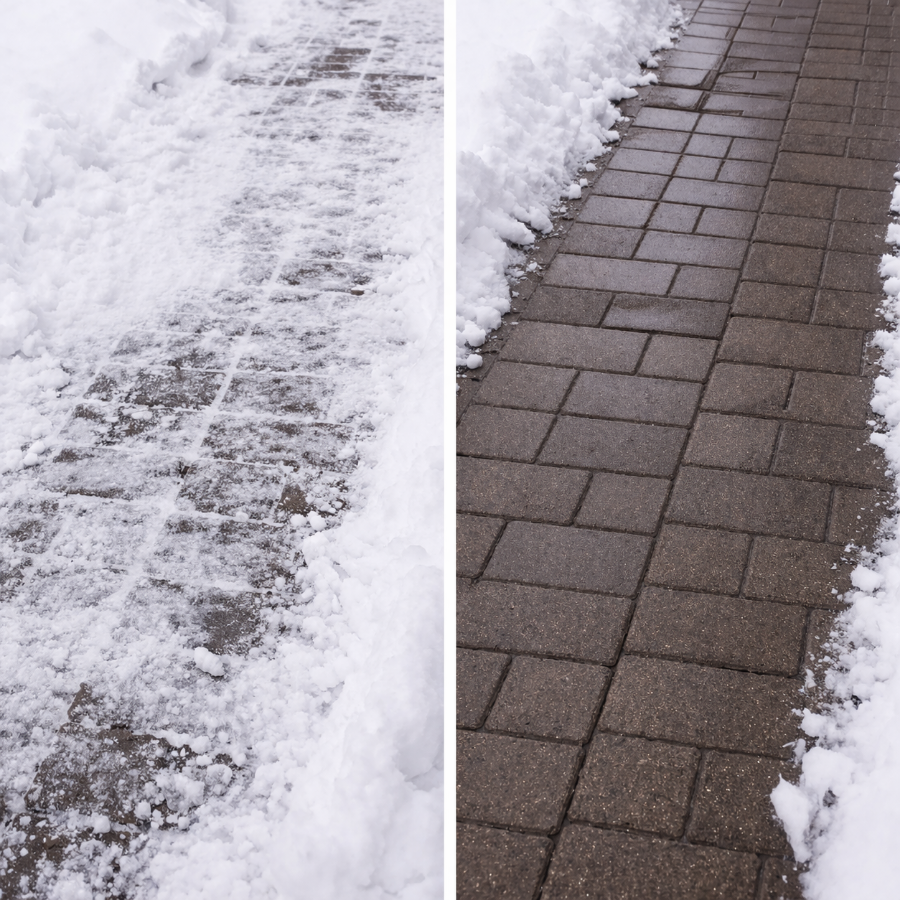 Vorher-Nachher-Vergleich eines vereisten und freigeräumten Gehwegs