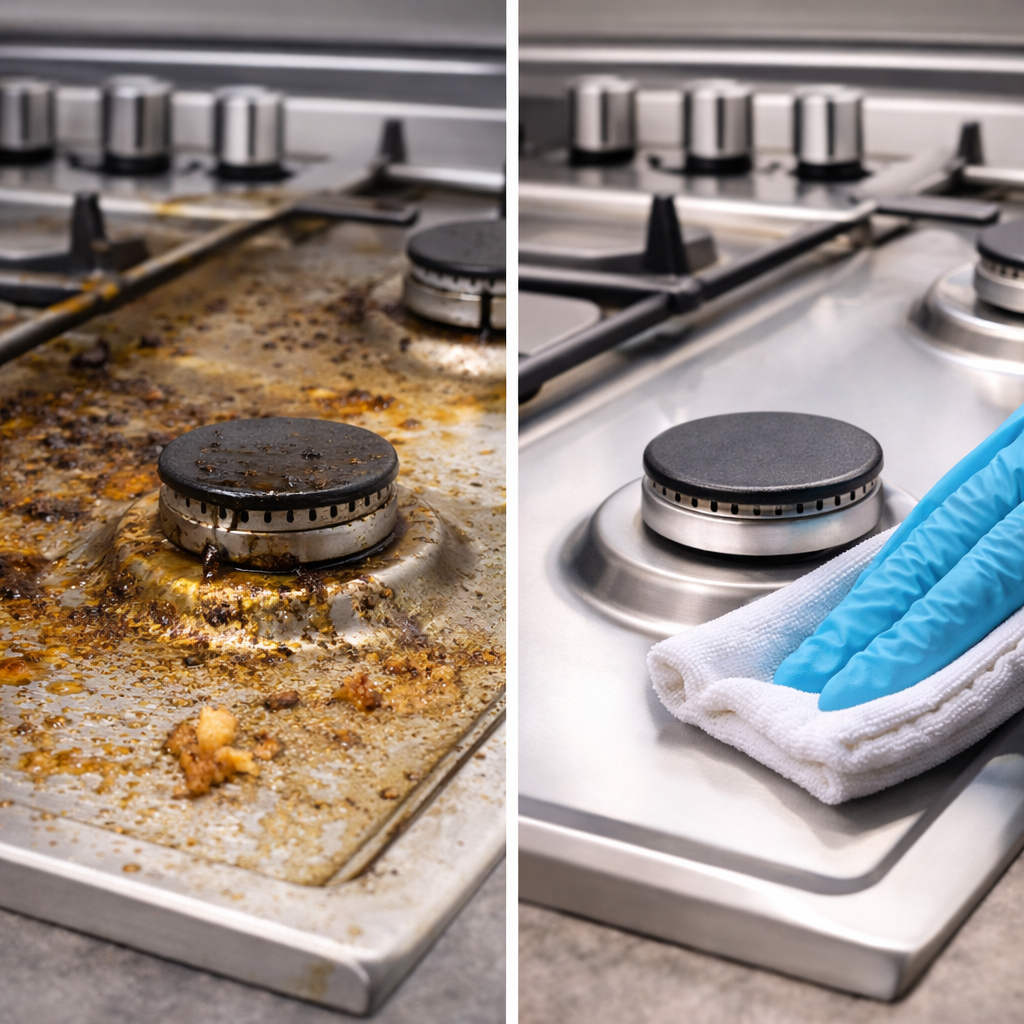 Vorher-Nachher-Vergleich eines stark verfetteten und gereinigten Herds