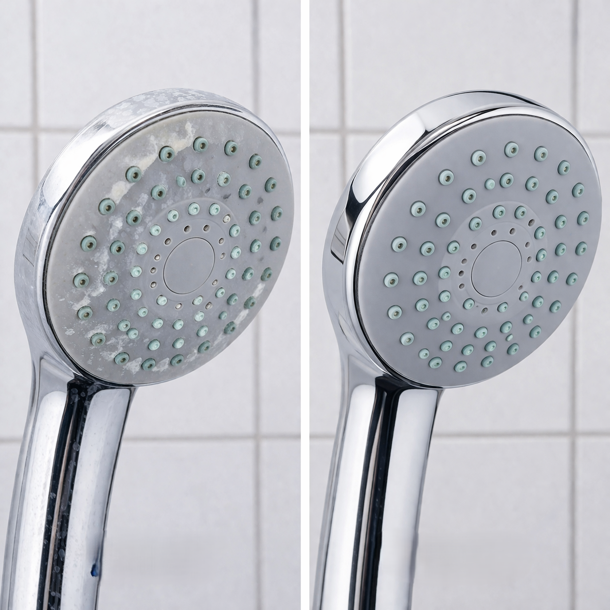 Vorher-Nachher-Vergleich eines verkalkten und gereinigten Duschkopfs