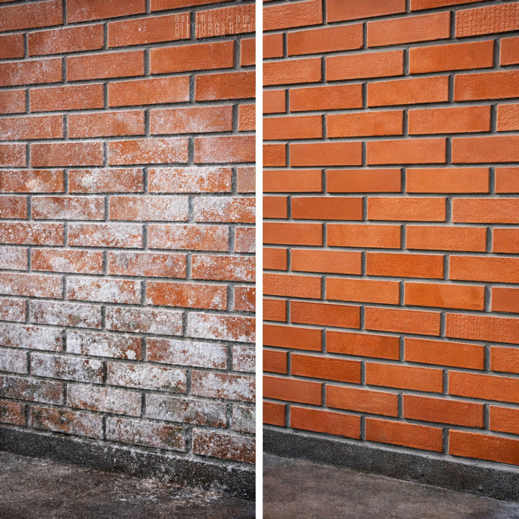 Vorher-Nachher-Vergleich einer Ziegelwand mit Salzausblühungen und gereinigter Oberfläche