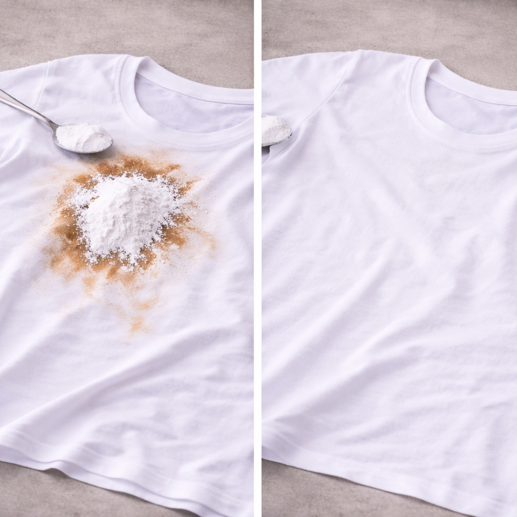 Vorher-Nachher-Vergleich eines verschmutzten und gereinigten weißen T-Shirts