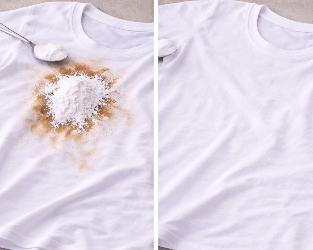 Vorher-Nachher-Vergleich eines verschmutzten und gereinigten weißen T-Shirts