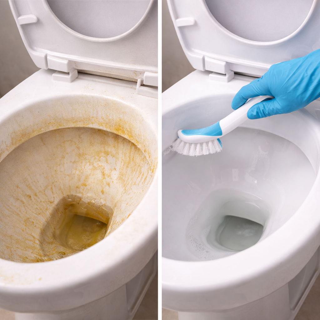 orher-Nachher-Vergleich einer Toilette mit Urinstein und gereinigter Oberfläche