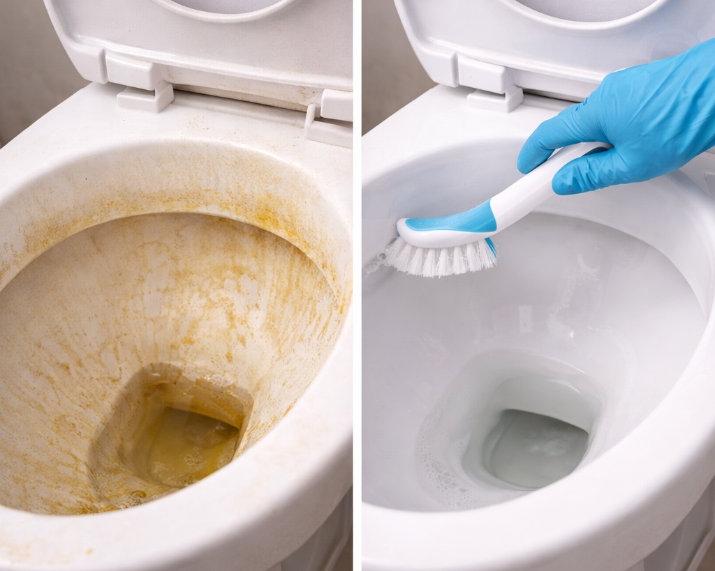 orher-Nachher-Vergleich einer Toilette mit Urinstein und gereinigter Oberfläche