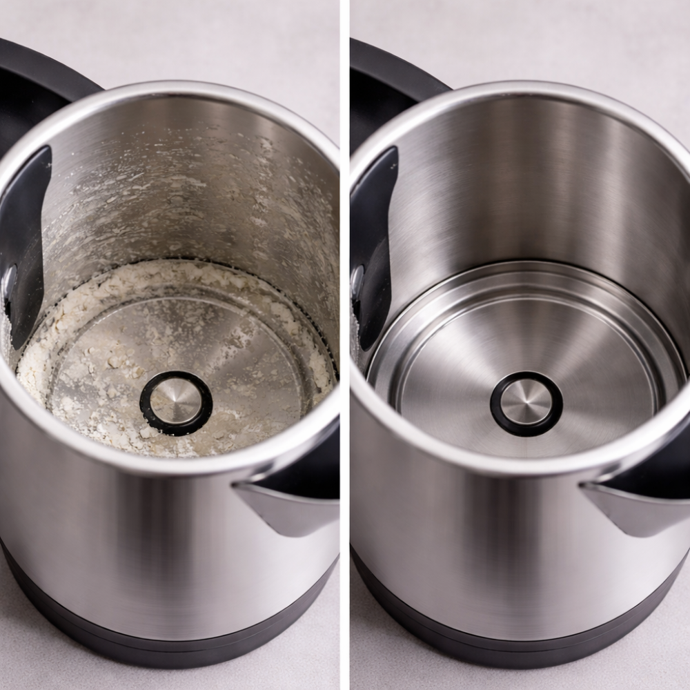 Vorher-Nachher-Vergleich eines verkalkten und gereinigten Wasserkochers