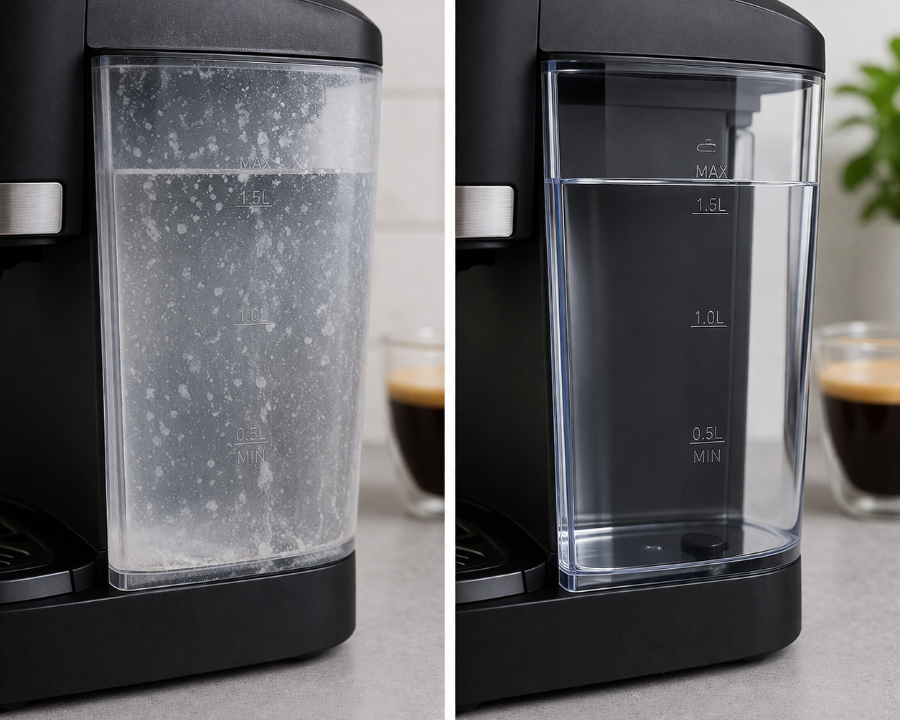 Vorher-Nachher-Vergleich eines verkalkten und gereinigten Wassertanks einer Kaffeemaschine
