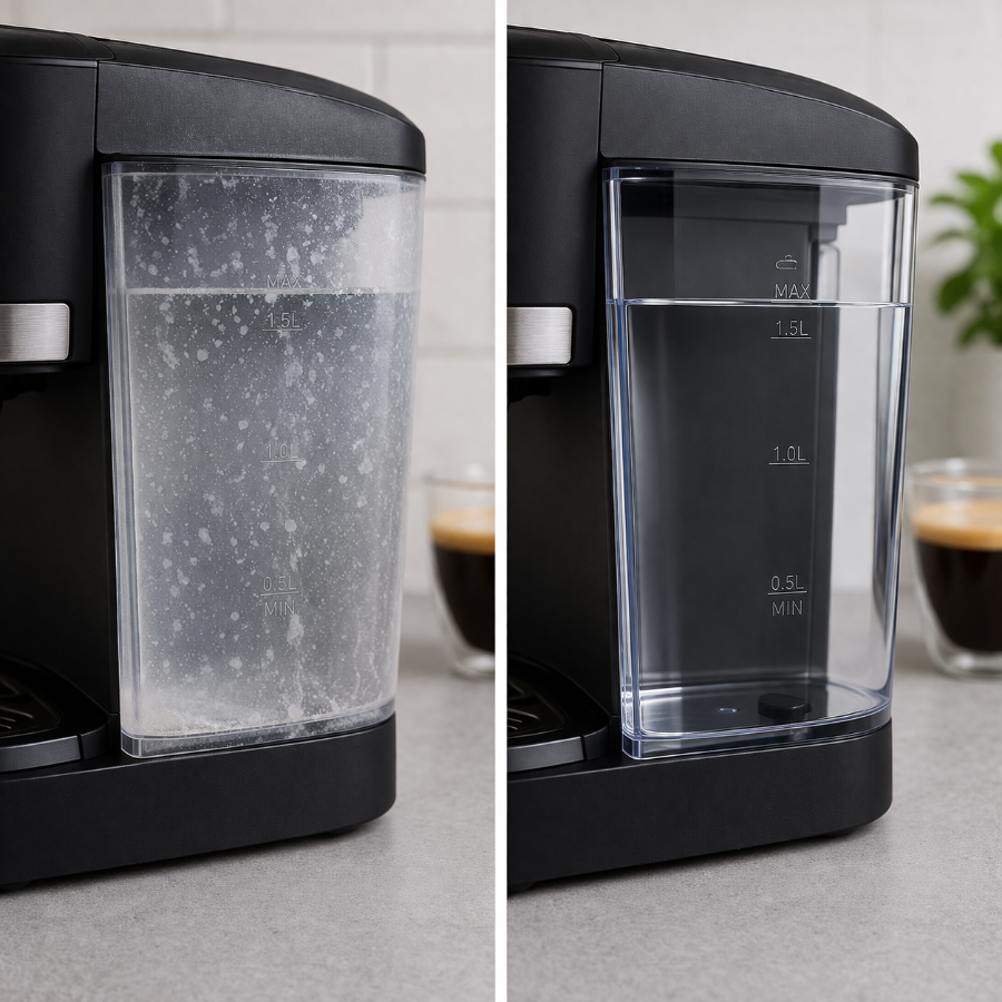 Vorher-Nachher-Vergleich eines verkalkten und gereinigten Wassertanks einer Kaffeemaschine