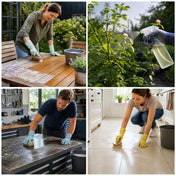 RQ Classic Schmierseife bei der Anwendung im Haushalt und Garten – Reinigung von Holzmöbeln, Pflanzen, Metalloberflächen und Fliesenböden.