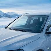 Klare, eisfreie Windschutzscheibe an einem frostbedeckten Auto im Winter vor schneebedeckten Bergen.
