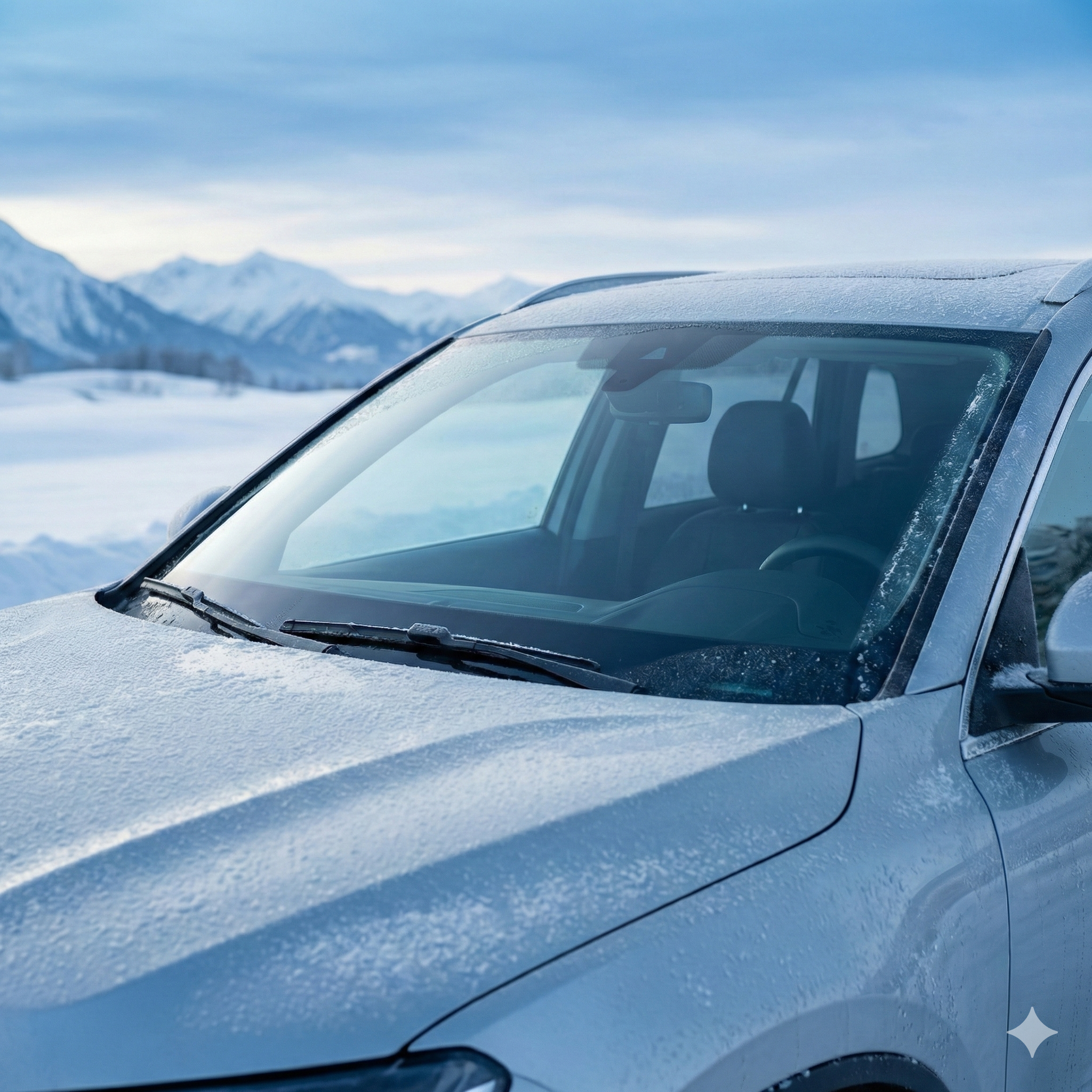 Klare, eisfreie Windschutzscheibe an einem frostbedeckten Auto im Winter vor schneebedeckten Bergen.