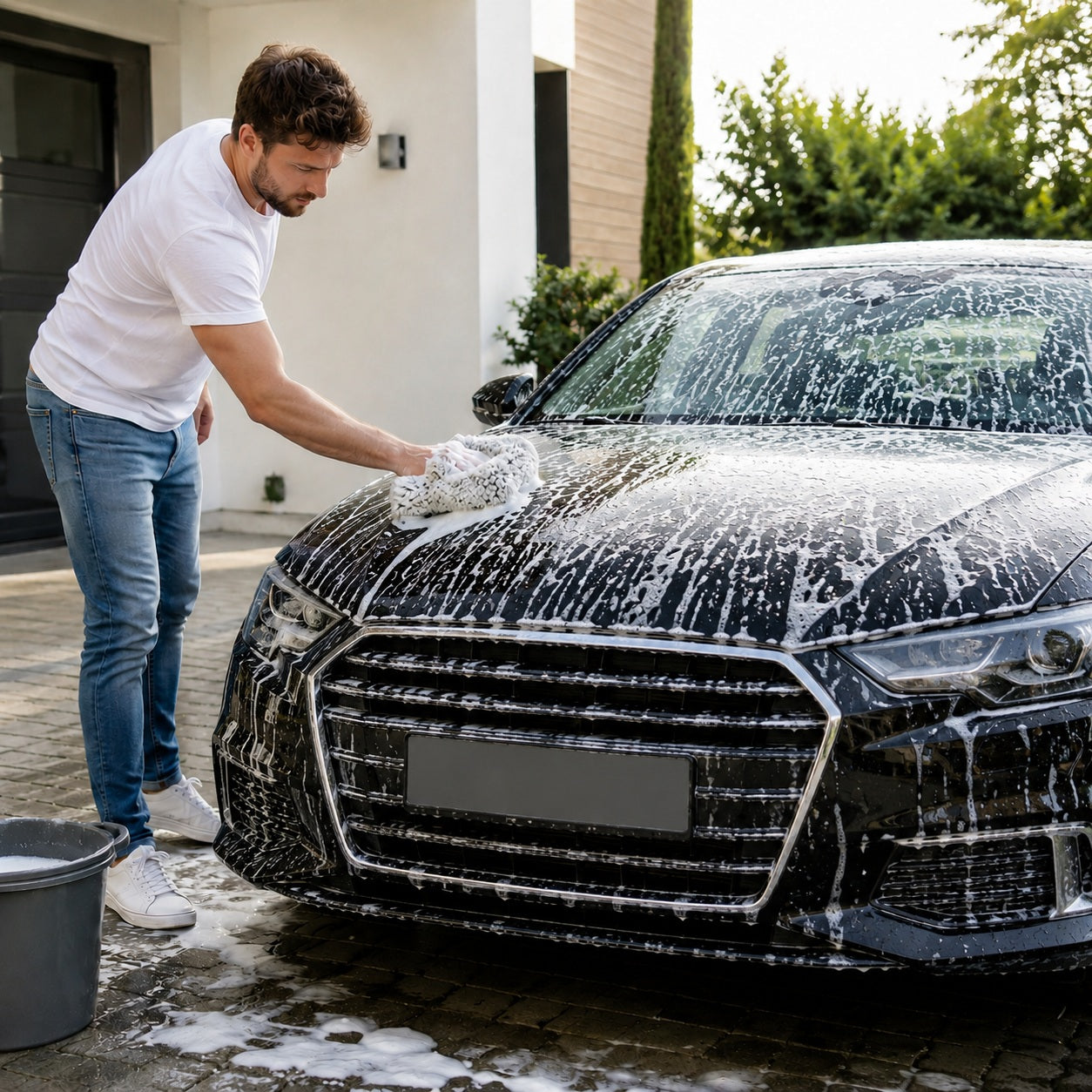 Mann wäscht sein Auto per Hand mit Autoshampoo